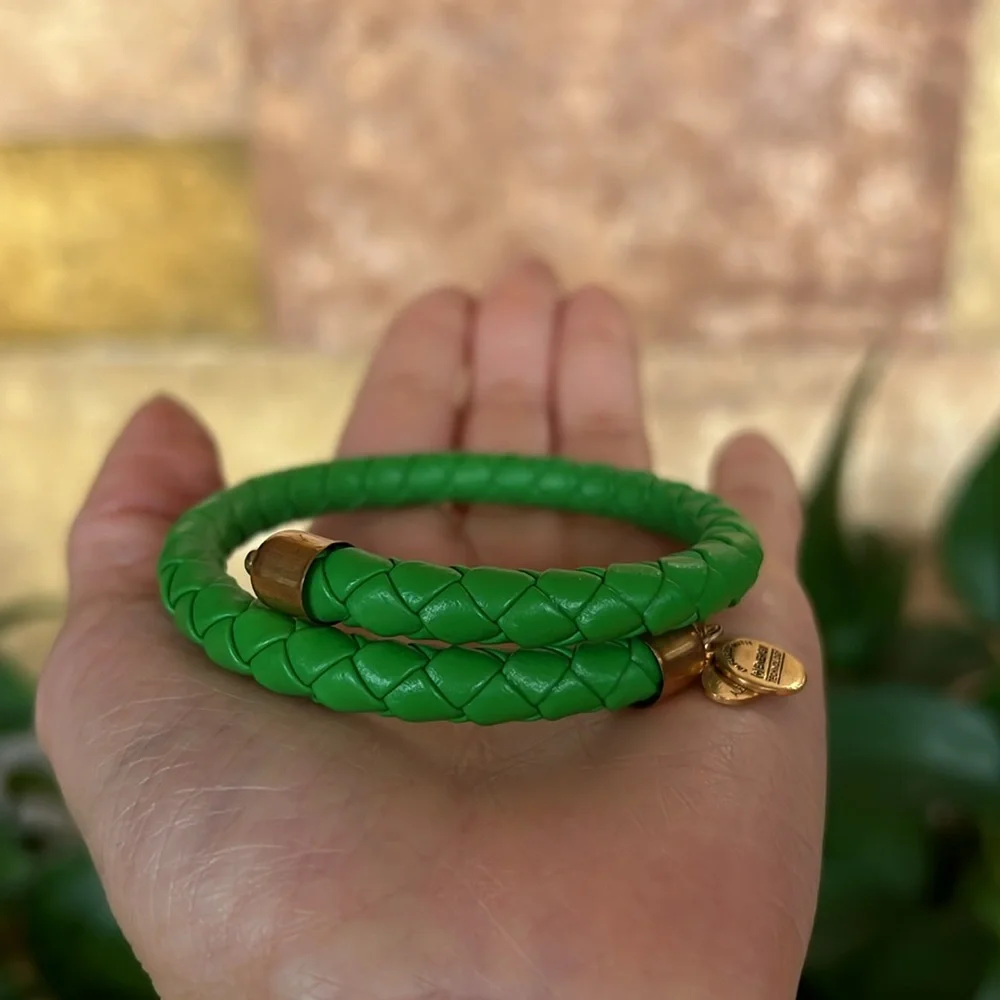 Alex & Ani Women’s Green Leather Braided Wrap Gold Tone Bracelet With Dust Bag